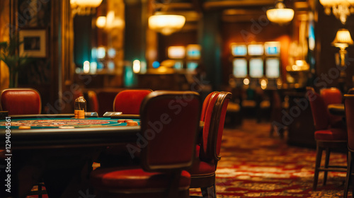 Casino indoor room with poker tables concept background. Gambling, casino, club, interior