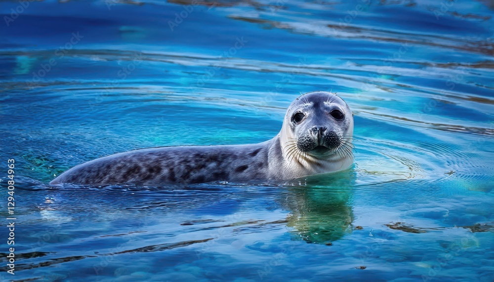 Fototapeta premium Playful Seal Glides through Crystal Clear Ocean Waters, Embracing the Tranquility of a Serene Underwater Paradise