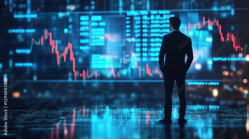 Business professional analyzing stock market data with digital graphs and charts in a futuristic office environment, showcasing technology and finance concepts Business professional analyzing stock market data with digital graphs and charts in a futuristic office environment, showcasing technology and finance concepts