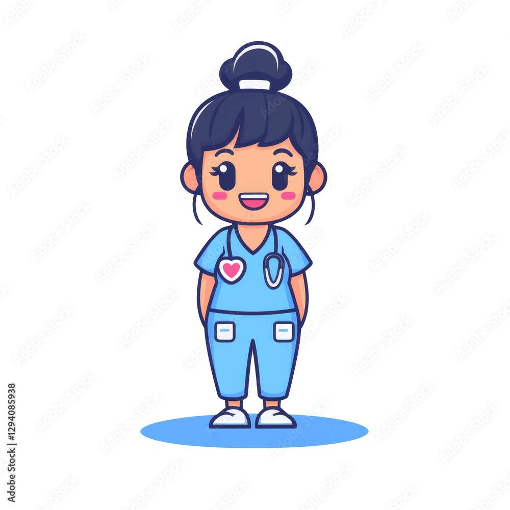 Cute female nurse in scrubs with stethoscope, smiling happily Cute female nurse in scrubs with stethoscope, smiling happily