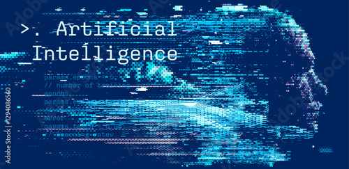 Vector illustration combines digital code and pixelated elements to form silhouette of a human head, representing artificial intelligence. The design highlights the fusion of technology and humanity.