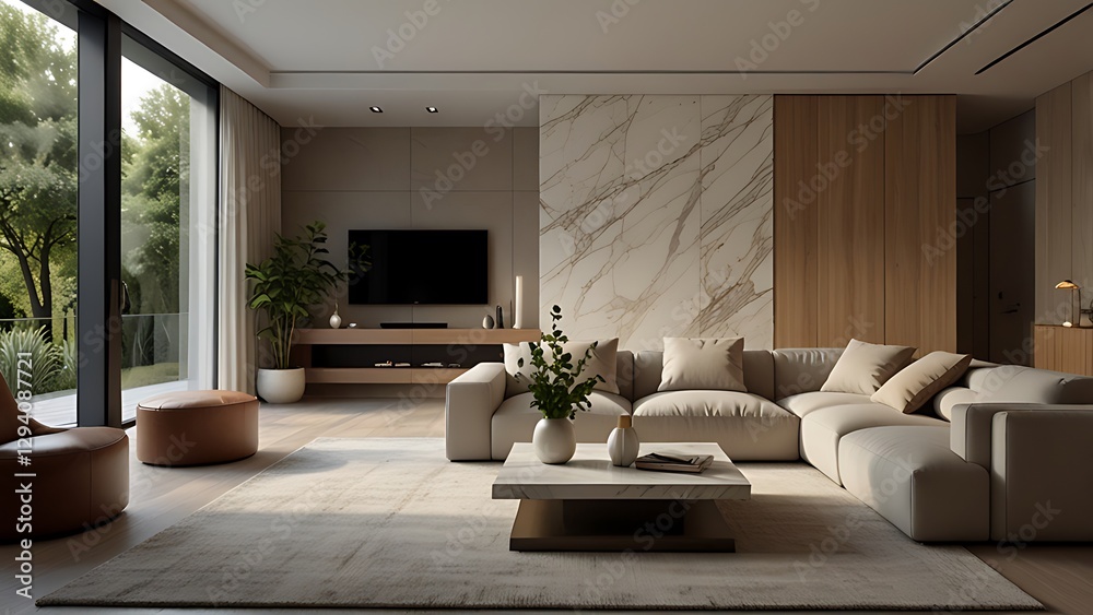 Fototapeta premium Modern Minimalist Living Room Interior - Elegant Neutral Design with Natural Light