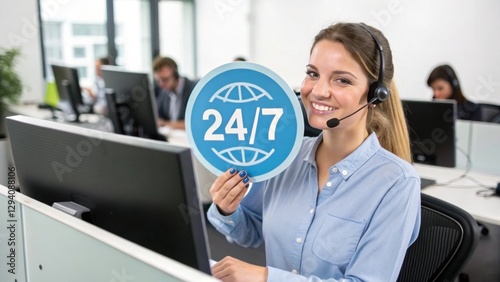 Round-the-Clock Support: A cheerful customer service representative, headset in place, proudly displays a 