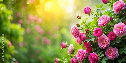 Lush Green Bush with Vibrant Pink Roses in Summer Garden - Beautiful Floral Background