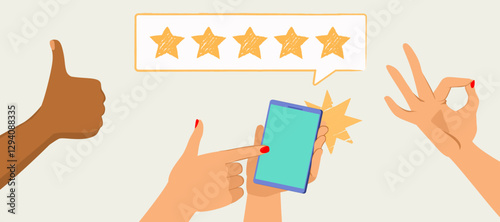 Phone with five star rating drawing. Hands with thumbs up and ok sign gesture gesture vector illustration