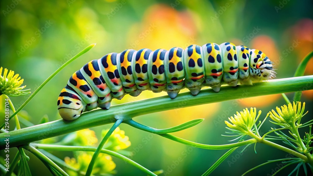 Close-up Long Exposure Shot of Swallowtail Caterpillar Crawling on Plant Stem Close-up Long Exposure Shot of Swallowtail Caterpillar Crawling on Plant Stem