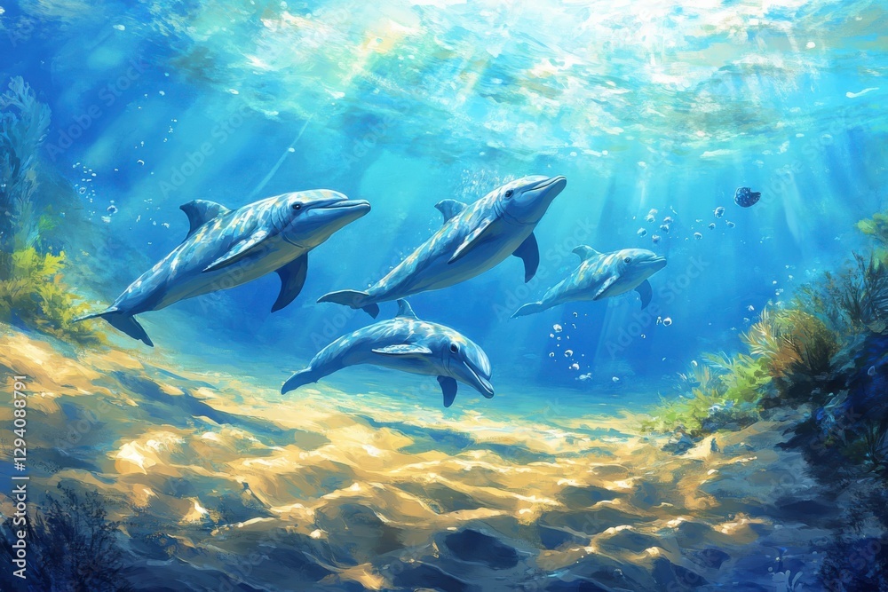 Fototapeta premium Dolphin Pod. Underwater Scene with Dolphins in Blue Ocean Water
