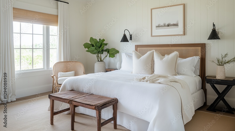 Fototapeta premium Serene Bedroom Interior: The serene, sunlit bedroom exudes a sense of calm and sophistication, featuring a beautifully made bed and a cozy armchair, creating an inviting retreat.