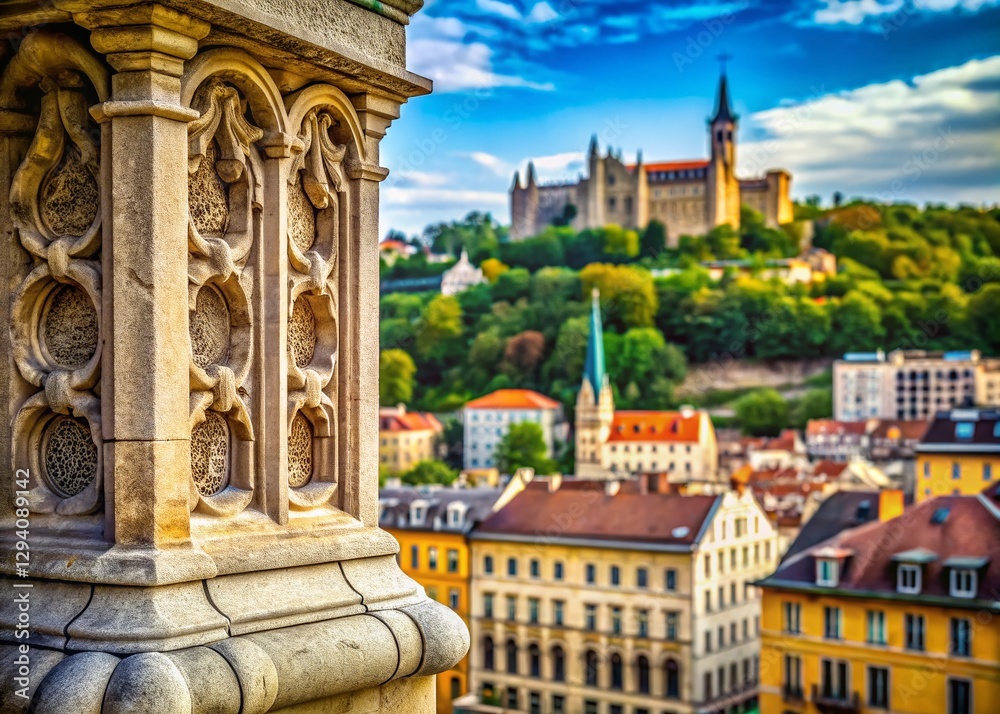 Fototapeta premium Close-up Macro Photography of Fourvière Hill, Lyon, France - Architectural Detail