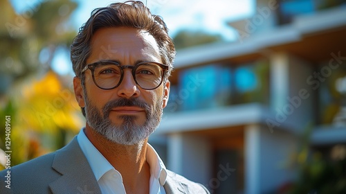 A man in a gray suit and glasses looking focused in a sunny resort setting with modern buildings and greenery