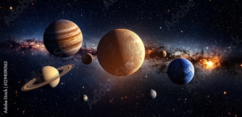 Vast Cosmic Landscape Featuring Planets, Stars, and Galactic Elements with Depth and Vivid Colors in Outer Space