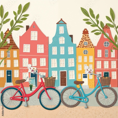 Colorful Dutch Houses with Bicycles and Fruit Baskets with Copy Space