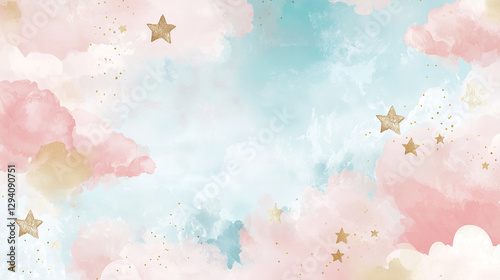 baby card with soft pastel colors, watercolor clouds