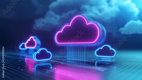 best cloud service provider concept, Futuristic neon clouds representing digital data storage and connectivity.
