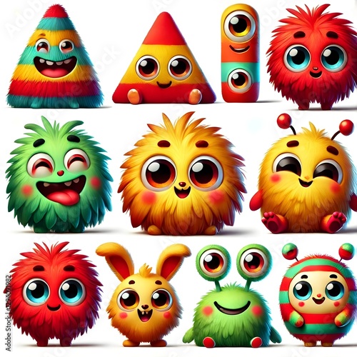 Wallpaper Mural A collection of fluffy and cheerful cartoon creatures designed for a kids' audience. Each creature has a unique geometric shape, including triangular, round, and oval, with expressive eyes, big smiles Torontodigital.ca