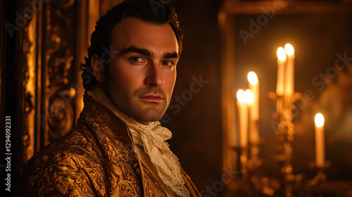 Nobleman of the 1700s in luxurious gold-brocaded waistcoat and lace cravat photo