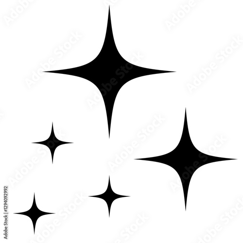 Black starburst icons of varying sizes against clean isolated backdrop create a sense of sparkling charm and whimsical decoration.