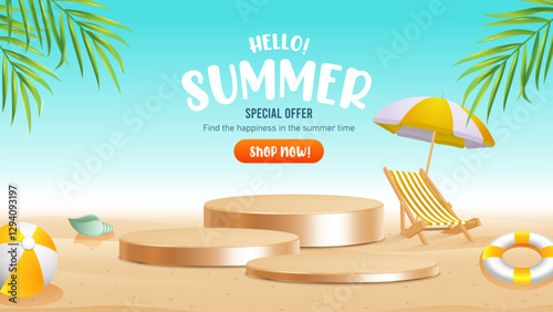Summer sale banner with beach and podium. Sale banner Design for Summer in flat lay styling. Summer sale banner design with tropical leaves background.