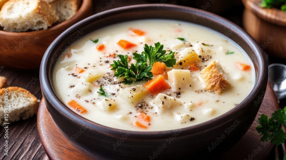 Creamy Vegetable Soup with Fresh Ingredients and Bread Slices