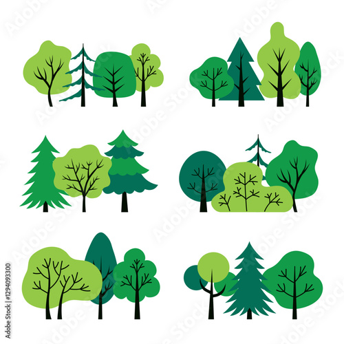 Vector trees set, isolated on a white background. Simple and flat design. Elements for a poster, banner, or card. Forest landscape. Trees icons 