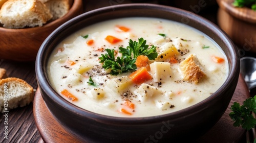 Obraz na płótnie Creamy Vegetable Soup with Fresh Ingredients and Bread Slices w salonie