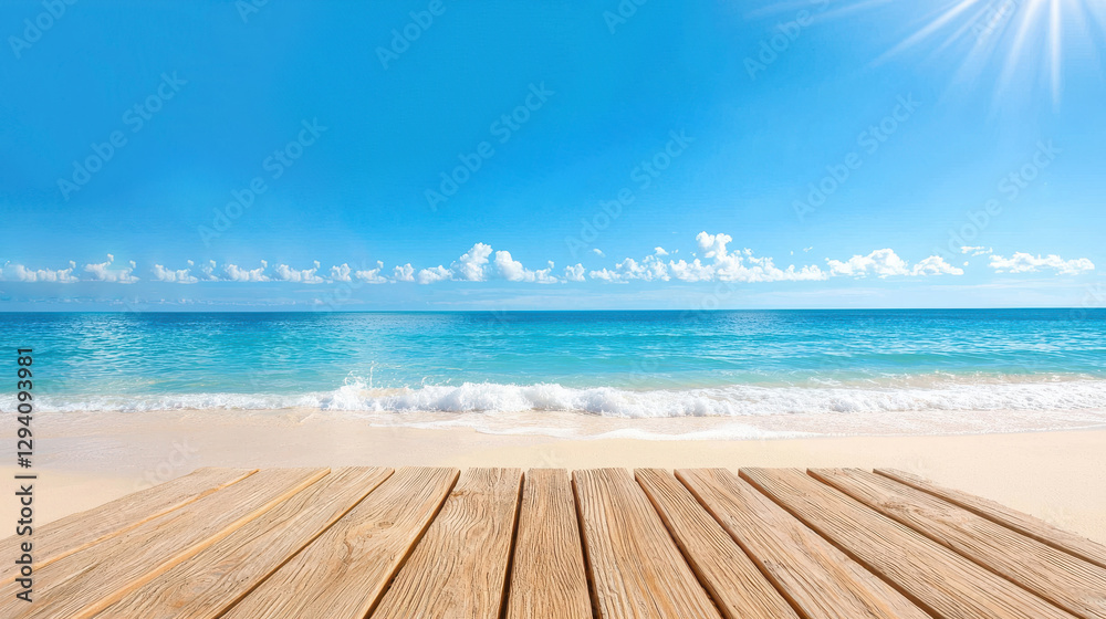 Fototapeta premium Sunset view of a tropical beach with a wooden pier stretching into the sea, summer getaway concept