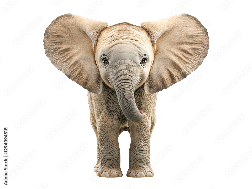 Fototapeta premium A young elephant stands upright, showcasing its large ears, trunk, and expressive eyes.