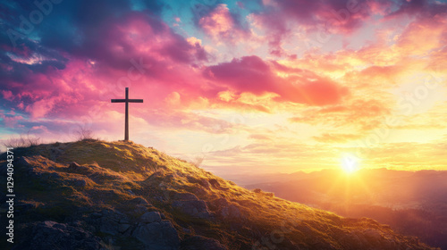 Serene Landscape with Cross at Sunrise, Vibrant Sky Filled with Colorful Clouds and Sunlight Shedding Warmth Over Nature's Beauty