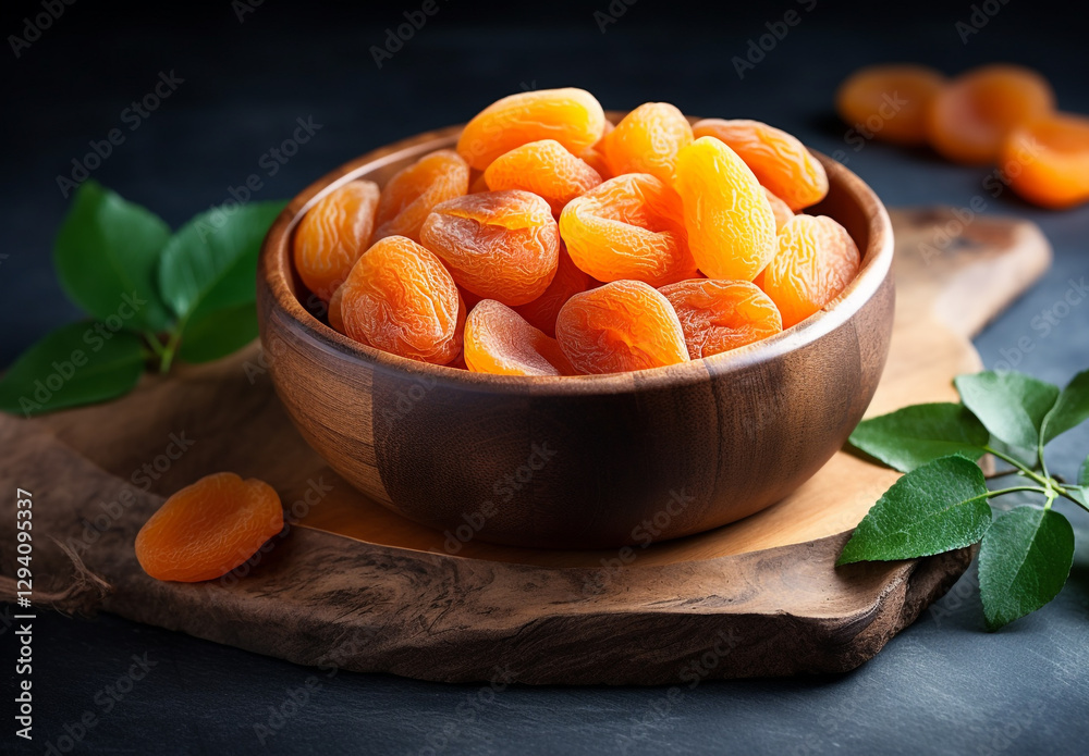 Close-up shot of dried apricots in a wooden bowl on a concrete table Close-up shot of dried apricots in a wooden bowl on a concrete table