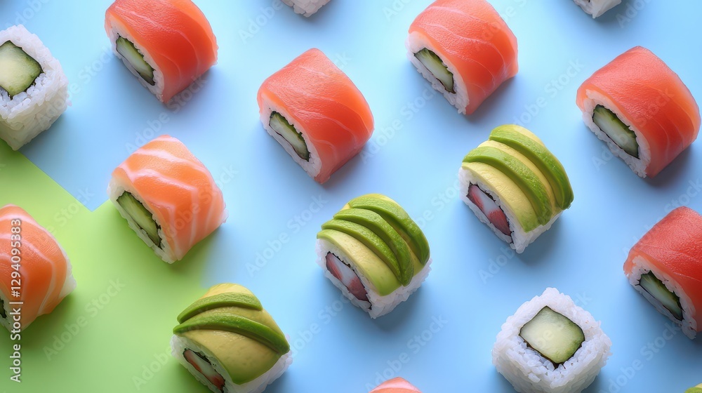 Obraz premium Flat Lay of Colorful Sushi Rolls with Avocado and Cucumber