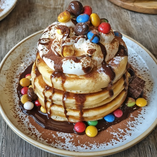 A stack of fluffy soufflé pancakes layered with whipped cream and drizzled with melted chocolate, topped with colorful chocolate candies. 
