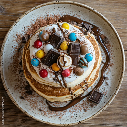 A stack of fluffy soufflé pancakes layered with whipped cream and drizzled with melted chocolate, topped with colorful chocolate candies. View from up.