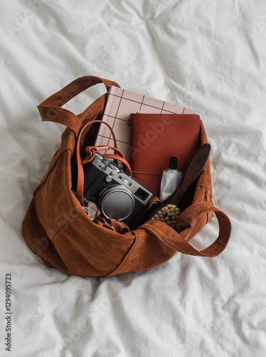 Corduroy brown shopper bag with aesthetic feminine accessories - camera, notepad, comb, hand cream on a light background, top view
