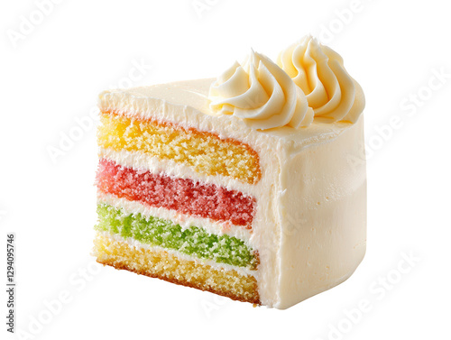 A colorful slice of layered cake with distinct yellow, pink, and green layers, topped with creamy frosting.