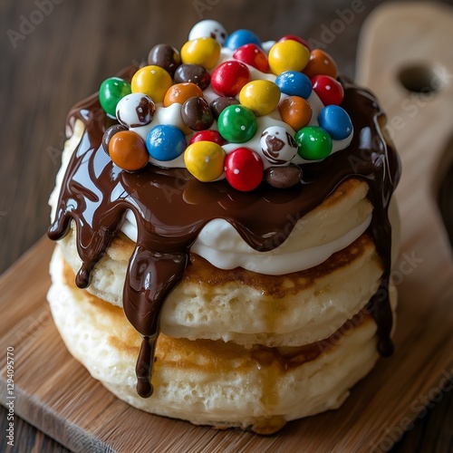 A stack of fluffy soufflé pancakes layered with whipped cream and drizzled with melted chocolate, topped with colorful chocolate candies. The dessert is served on a plate with a rich look.