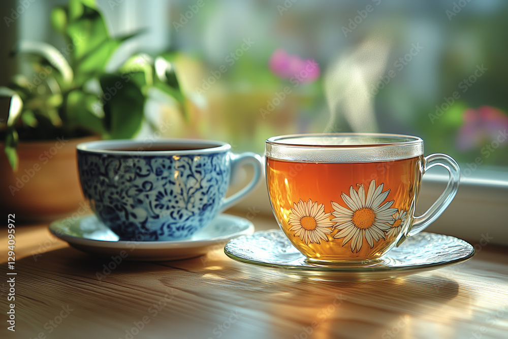Two Ornate Tea Cups with Steaming Tea on Wooden Table with Floral Patterns near Sunny Window Featuring Home Plants with Aesthetic Design Two Ornate Tea Cups with Steaming Tea on Wooden Table with Floral Patterns near Sunny Window Featuring Home Plants with Aesthetic Design