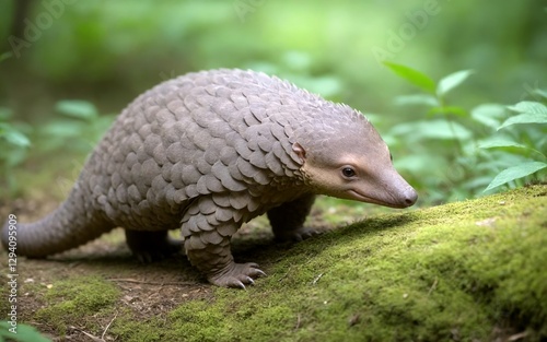 A beautiful pangolin carefully moving through the dense forest underbrush photo