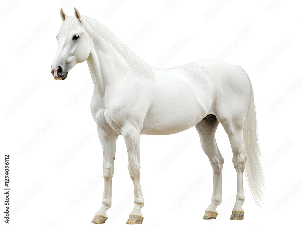 Obraz premium A majestic white horse stands elegantly, showcasing its strong physique and graceful posture.