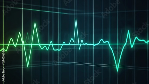 Cyan Heartbeat Line on Dark Blue Grid, Medical Background