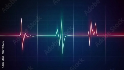 Cyan Heartbeat Line on Dark Blue Grid, Medical Background