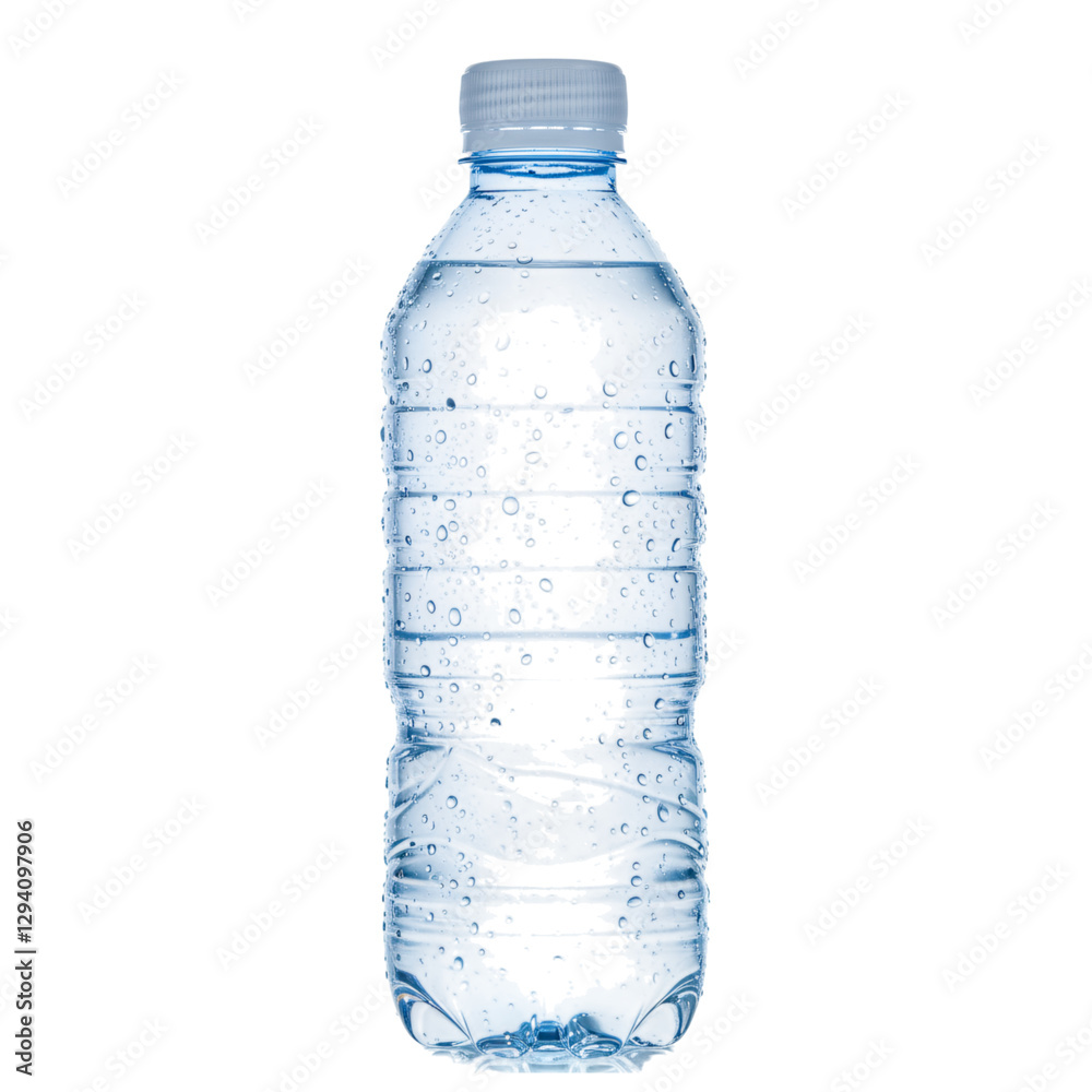 Naklejka premium Freshly Filled Blue Plastic Water Bottle with Water Droplets