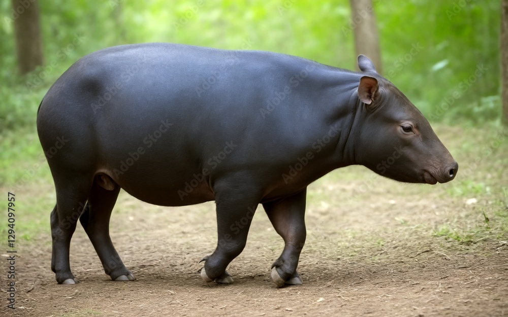 Fototapeta premium A beautiful tapir wandering calmly through the lush forest surroundings
