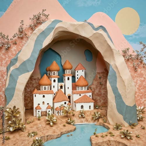 Whimsical Village Diorama In Cave Opening Representing Fantasy