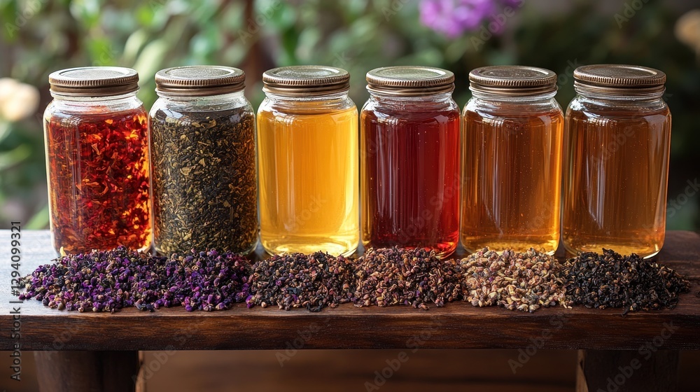 Herbal tea infusions in glass jars on wood, garden background Herbal tea infusions in glass jars on wood, garden background
