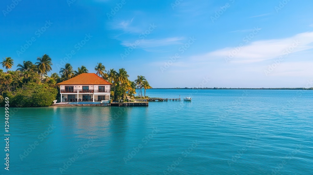 Opulent beachfront property with private dock and yacht, tropical luxury lifestyle Opulent beachfront property with private dock and yacht, tropical luxury lifestyle