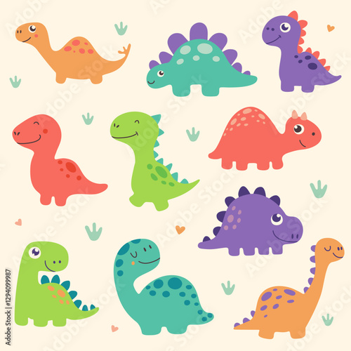 Cute cartoon dinosaurs in bright colors on a light background. Fun prehistoric animal illustration for kids designs, prints, textiles, and decorations.