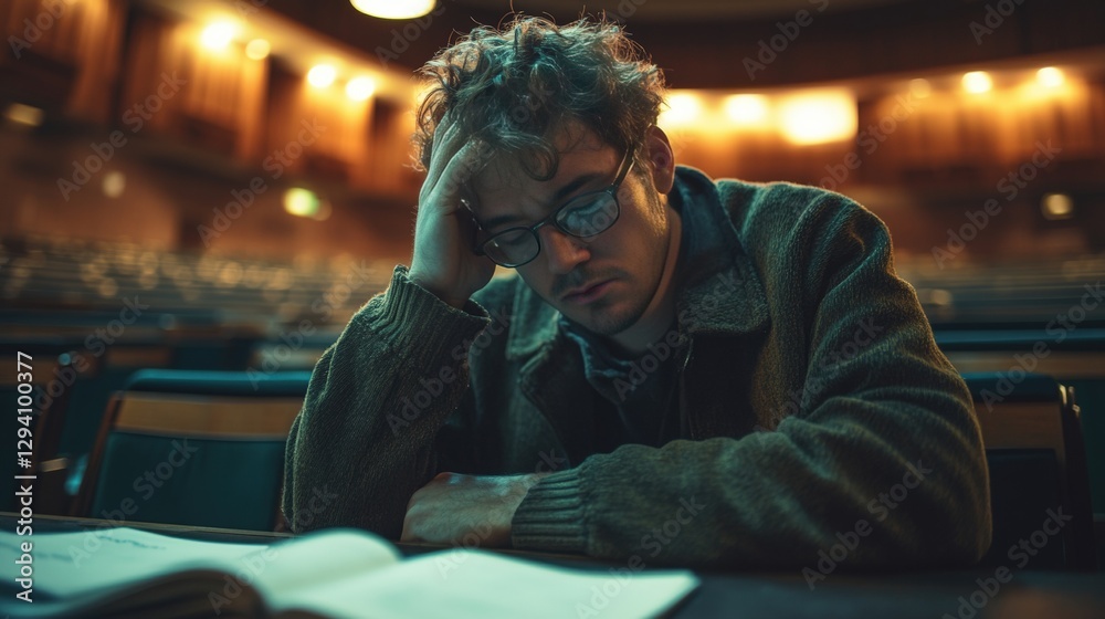Reflecting on Long Day of Teaching Under Warm Lights , Exhausted University Professor in Empty Lecture Hall Reflecting on Long Day of Teaching Under Warm Lights , Exhausted University Professor in Empty Lecture Hall