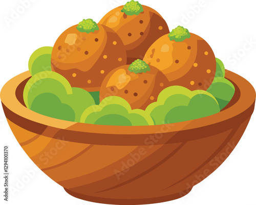 Fried falafel in wooden bowl vector illustration on transparent background.