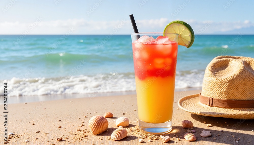 Obraz premium Refreshing tropical cocktail on sandy beach, summer relaxation