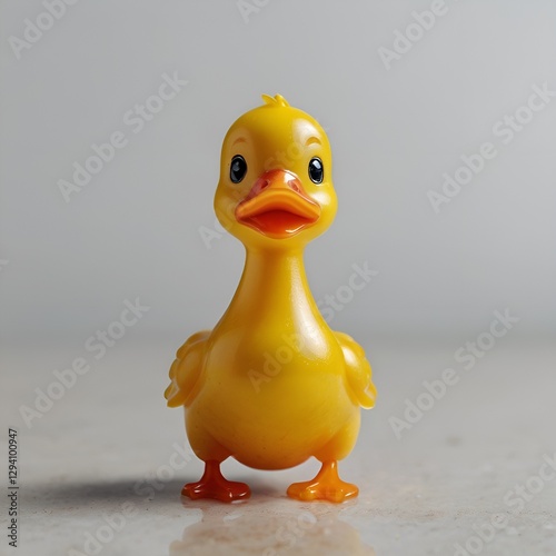 Adorable yellow duck toy with bright eyes and playful expression standing on reflective surface.